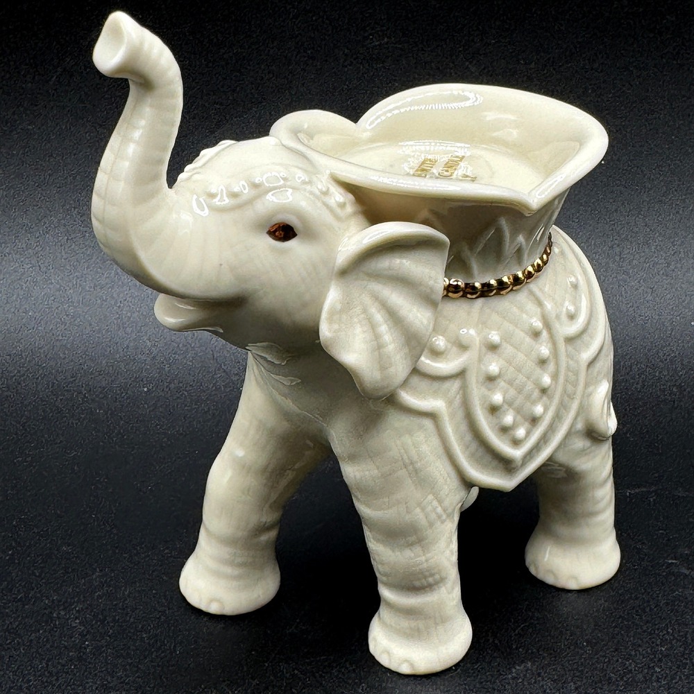Lenox Ivory China Elephant Tealight Candle Holder Gold Trim Figurine Trunk Up